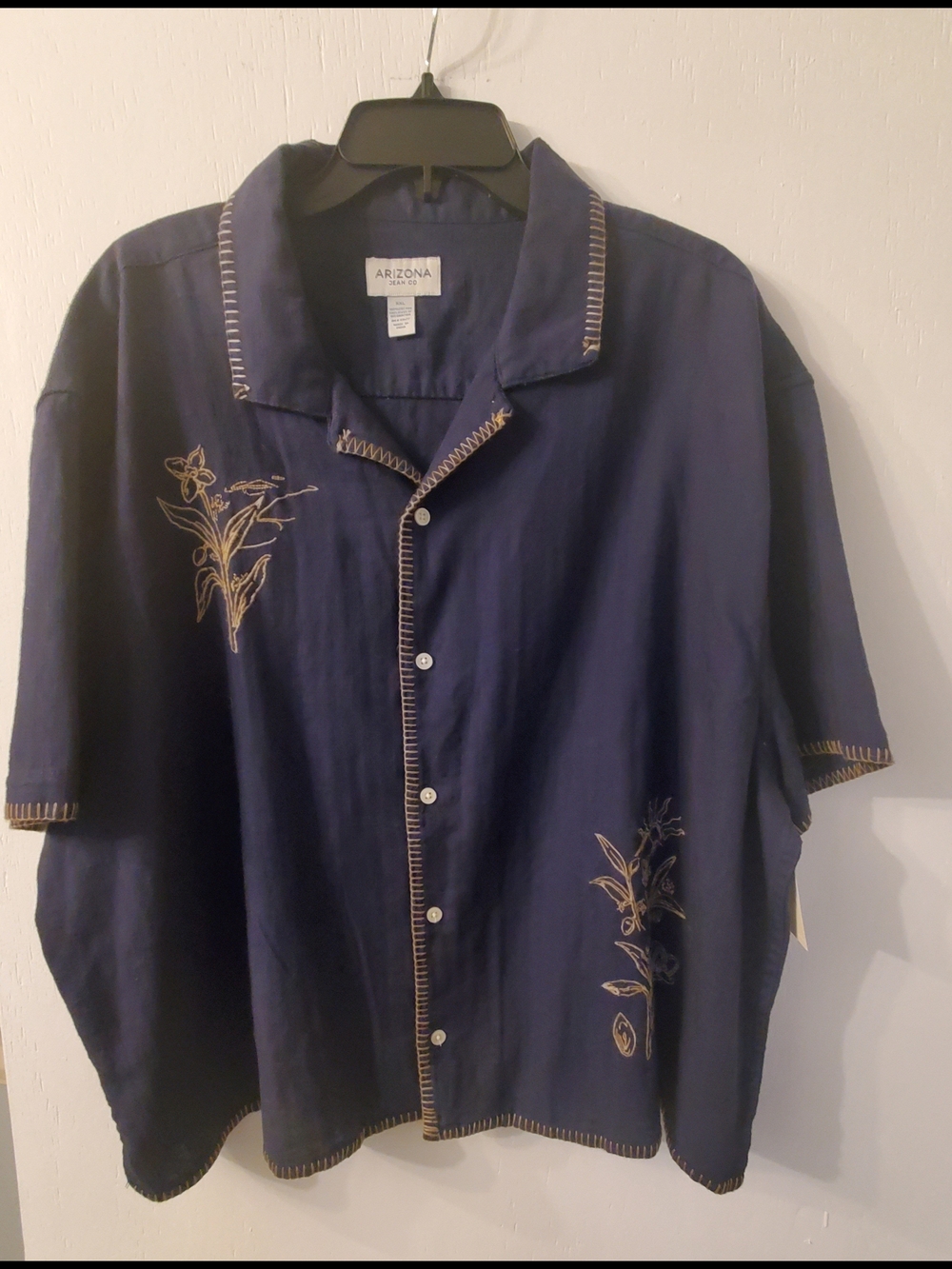 Arizona Jean Company Navy Blue Embroidered Button-Up Blouse